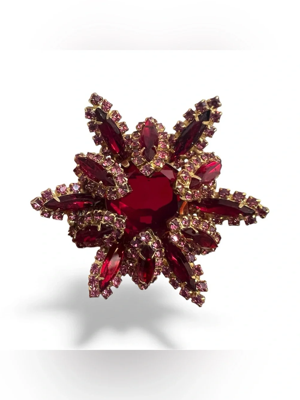 Vintage 1950s Unsigned High Tiered Ruby Red & Pink Rhinestone Starburst Brooch